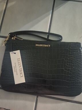 Ellen Tracy Black Croc-Embossed Wristlet with Gold Logo